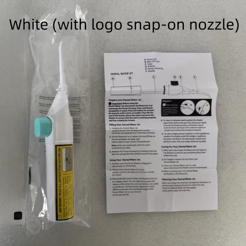 Manual Pressure Portable Dental Cleaner Water Jet Floss Tooth Pick Jet Tip Teeth Cleaning Dental Stone Remover Qme white logo