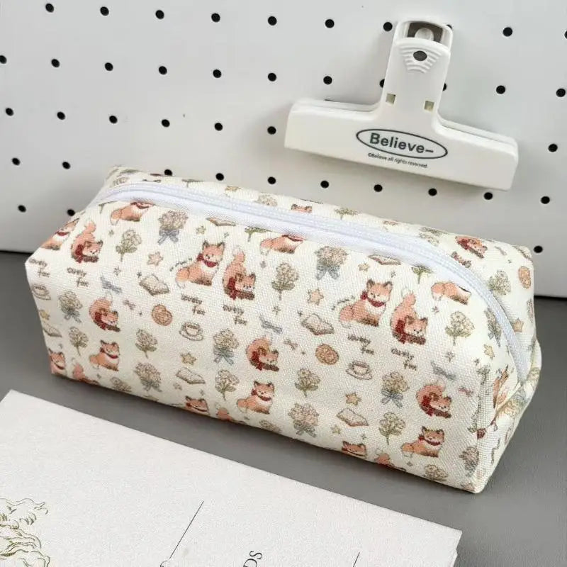 Beautiful Cartoon Animal Canvas Pencil Pouch Floral Design Zipper Bag Qme