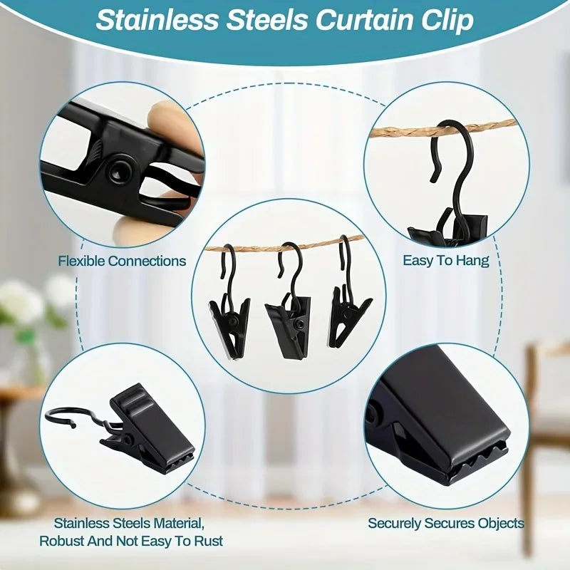 50pcs Curtain Black Stainless Steel Clips Set Qme