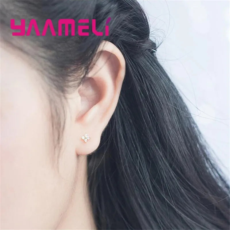 100% Real 925 Sterling Silver Color Clover Stud Earrings Bright Zircon Earrings For Women Girl Fashion Trendy Jewelry Qme