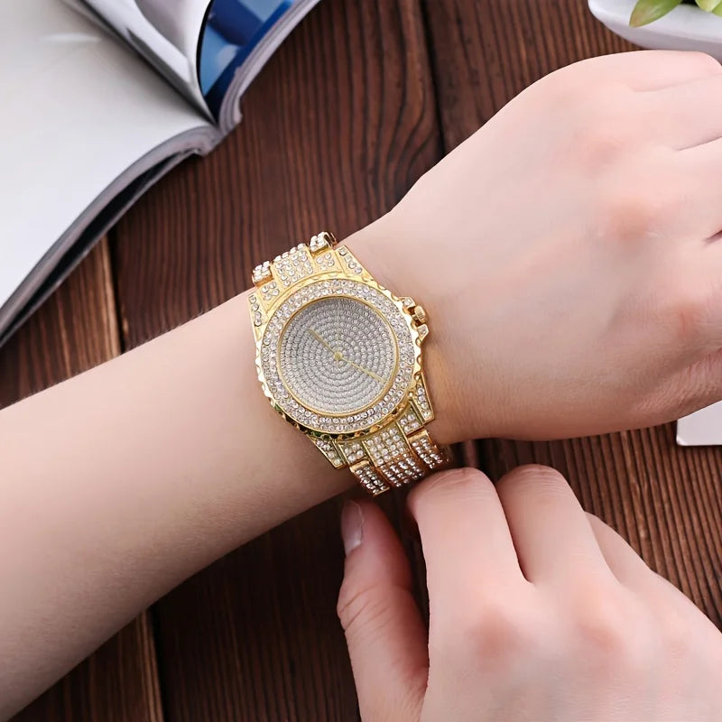 1pcs Fashion Crystal All Steel Women's Watch Women's Watch Quartz Women's Watch Qme Gold