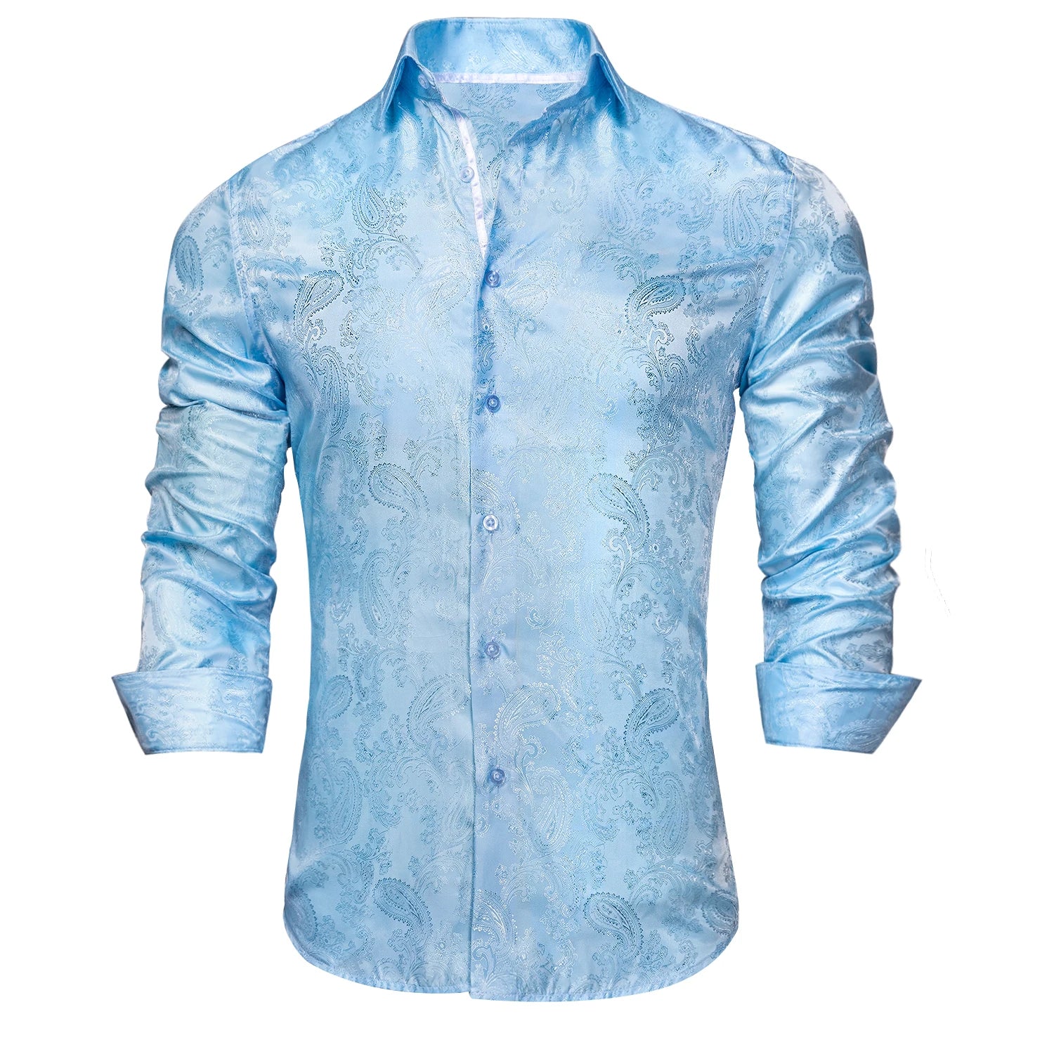 Hi-Tie Jacquard Paisley Light Blue Mens Shirt Long Sleeve Lapel Shirt Blouse Outerwear Wedding Office Breathable Quality Qme
