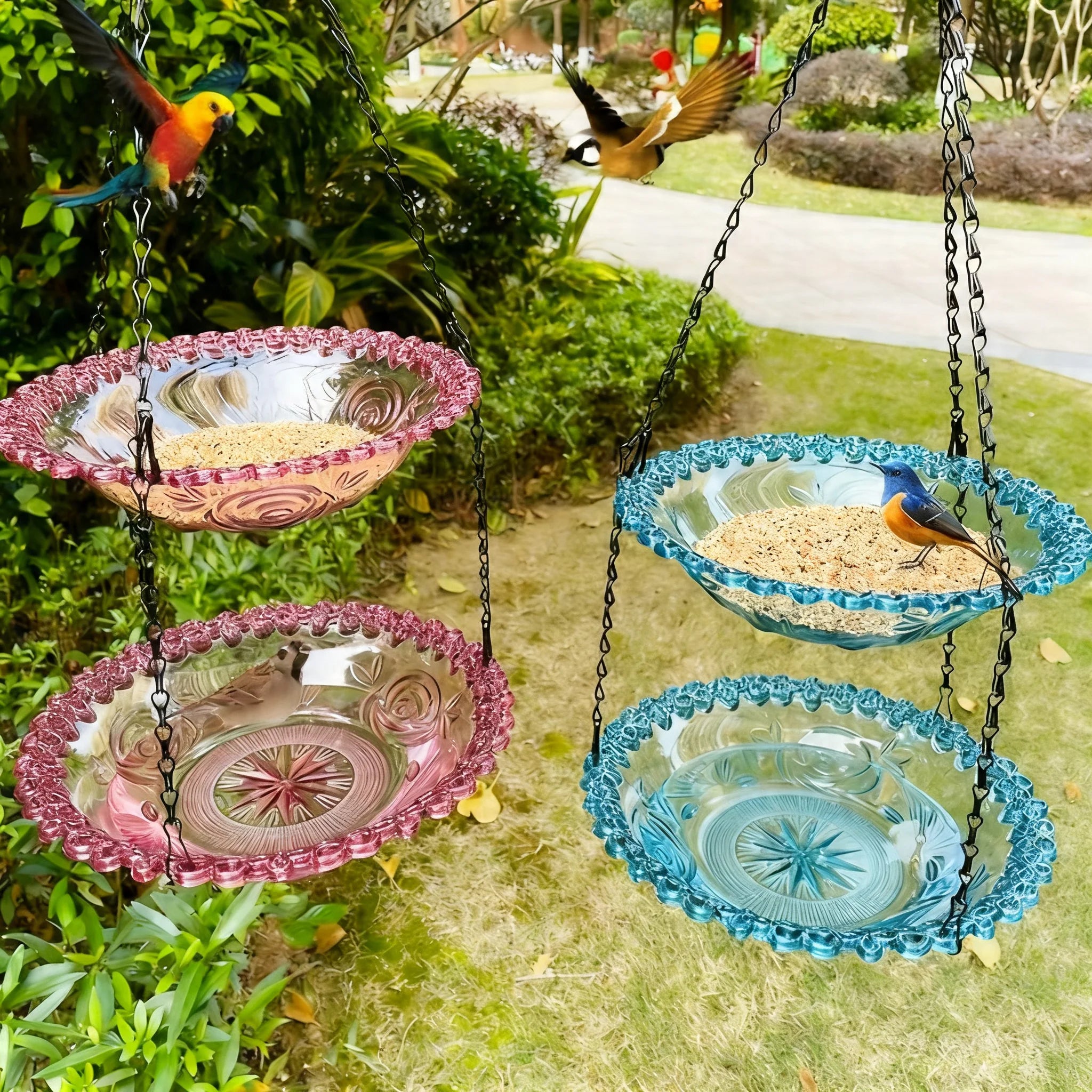 Two-layer Hanging Bird Feeder Outdoors Water Bowl Garden Yard Qme