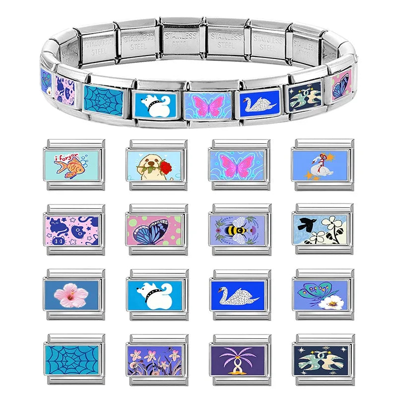 New Y2K Colorful Flowers Butterfly Bees Rose Dogs Swan Italian Charm Links Fit 9MM Stainless Steel Bracelet DIY Making Jewelry Qme