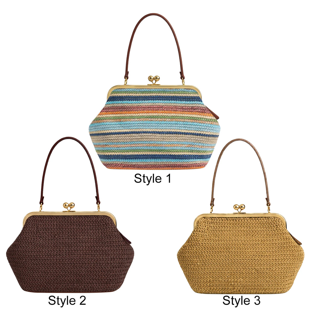 Straw Purses and Striped Handbags Boho Beach Tote Purse Woven Straw Clutch Large Capacity Kiss Clasp Shoulder Bag for Women Qme