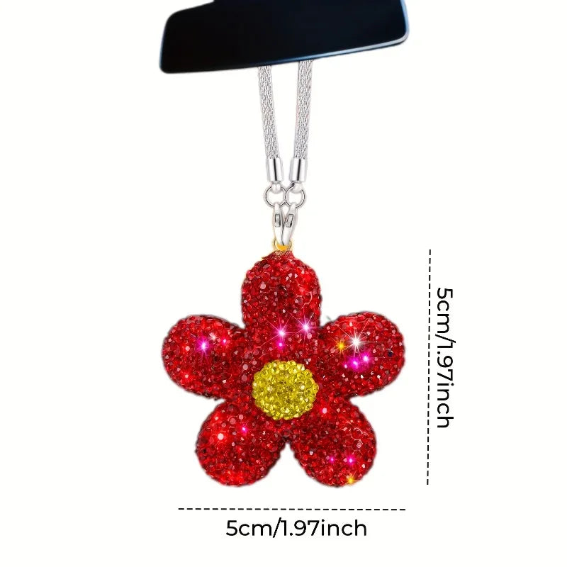 Sparkling Rhinestone-Encrusted Daisy Car Mirror Hanging With Small Daisies - Suitable For Rearview Mirror Or Dashboard Decor Qme