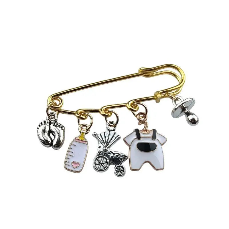 New Baby Arrival Charm Safety Pin Brooch Foot Bottle Stroller Dummy Enamel Pins Gender Reveal Shower Gift Clothes Bag Decorative Qme White