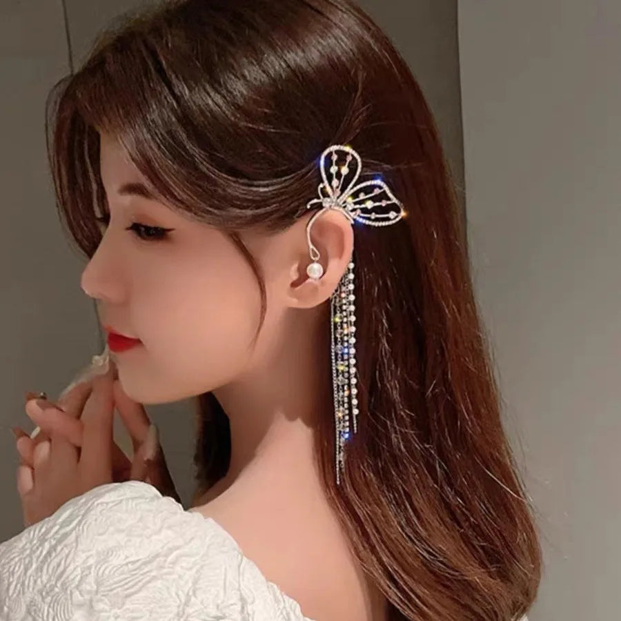 Creativity Exaggerate Silver Color Tassel Butterfly Ear Clips Women Ear Cuff Clip Fairy Earrings Without Piercing Sparkling Qme