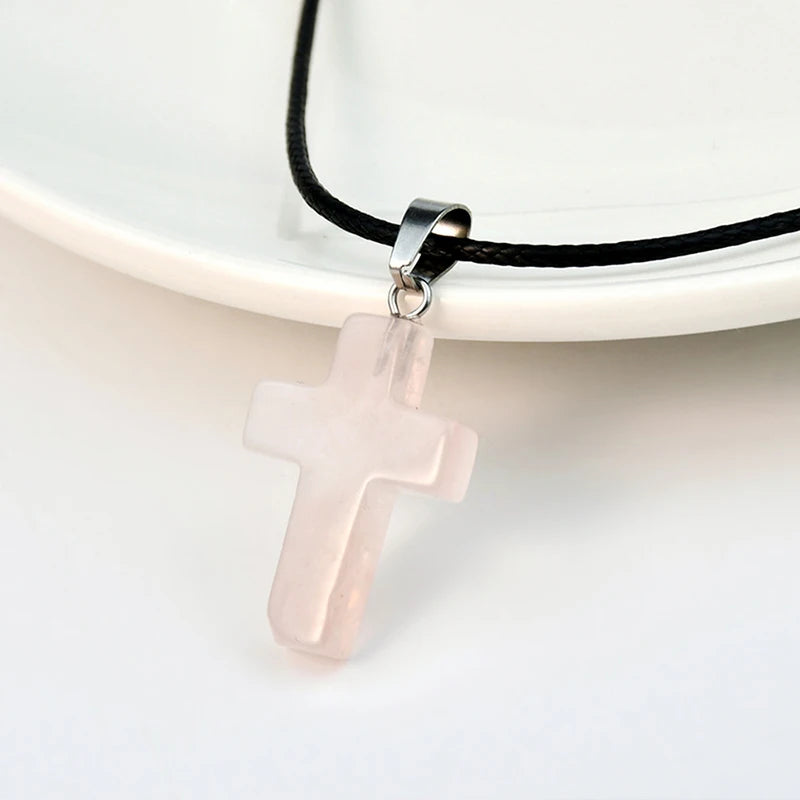 Natural Stone Cross Pendant Necklace, Colorful Punk Rock Style, Street Cool Vintage Y2K Goth Hip Hop Jewelry for Men and Women Qme A1