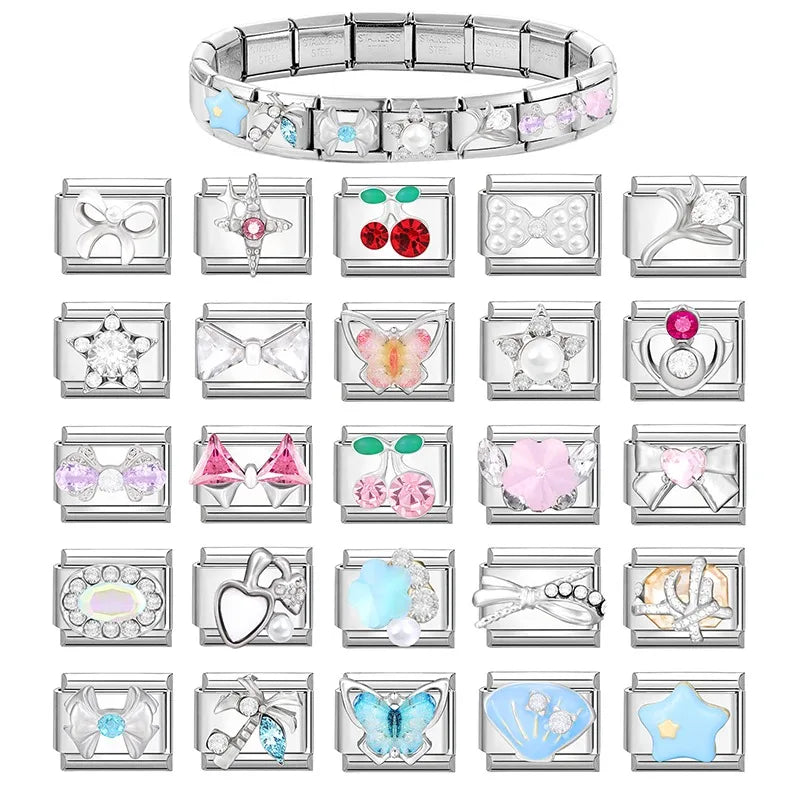 Bright Zircon Multielement Stars Shell ButterflyItalian Charm Links Fit 9mm Stainless Steel Bracelet Women Jewelry DIY Making Qme