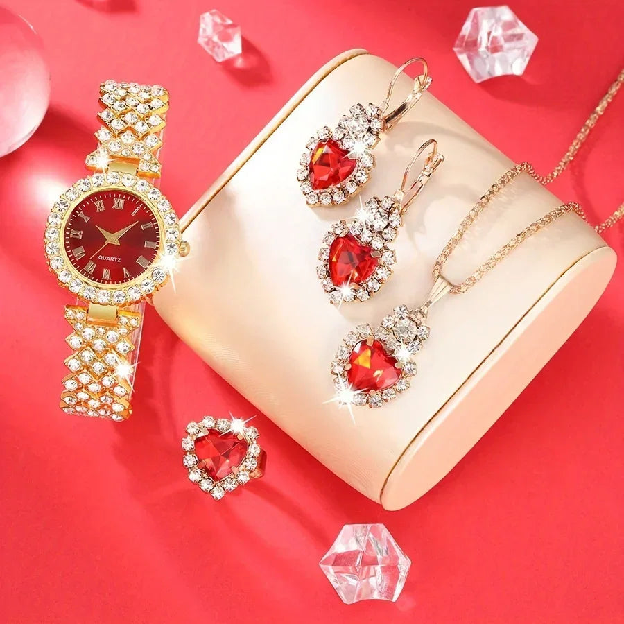 5pcs/set Luxury Ladies' High-End Diamond-Encrusted Steel Chain Watch with Fashionable Small Dial Qme Bronze No
