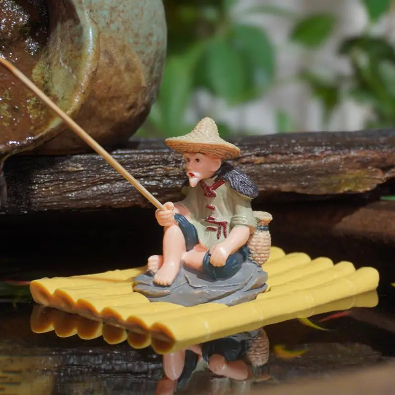 Outdoor Themed Elderly Fisherman Figurine Bamboo Raft PVC Statue Qme