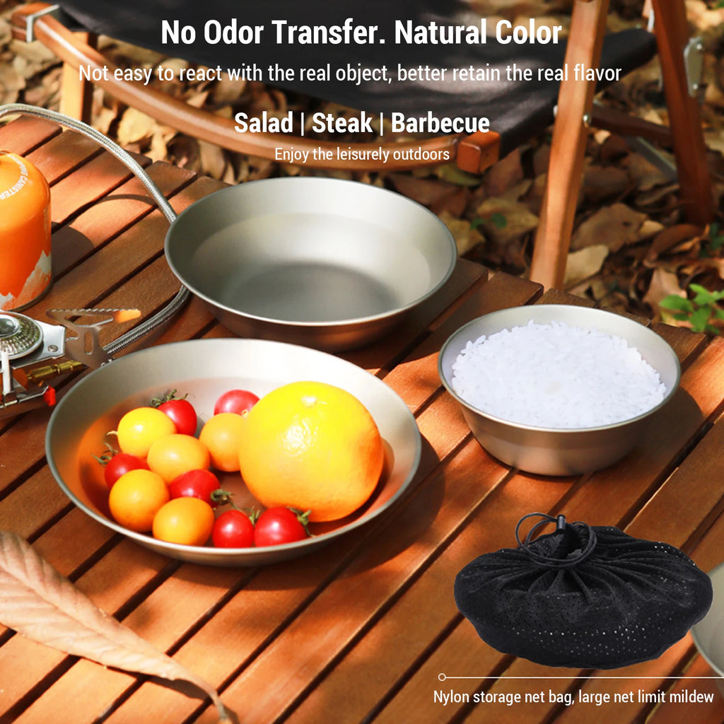 Camping Plates Set Portable Metal Tableware Soup Bowl Dishes with Mesh Bag Ultralight Dinnerware for Hiking Picnic Qme