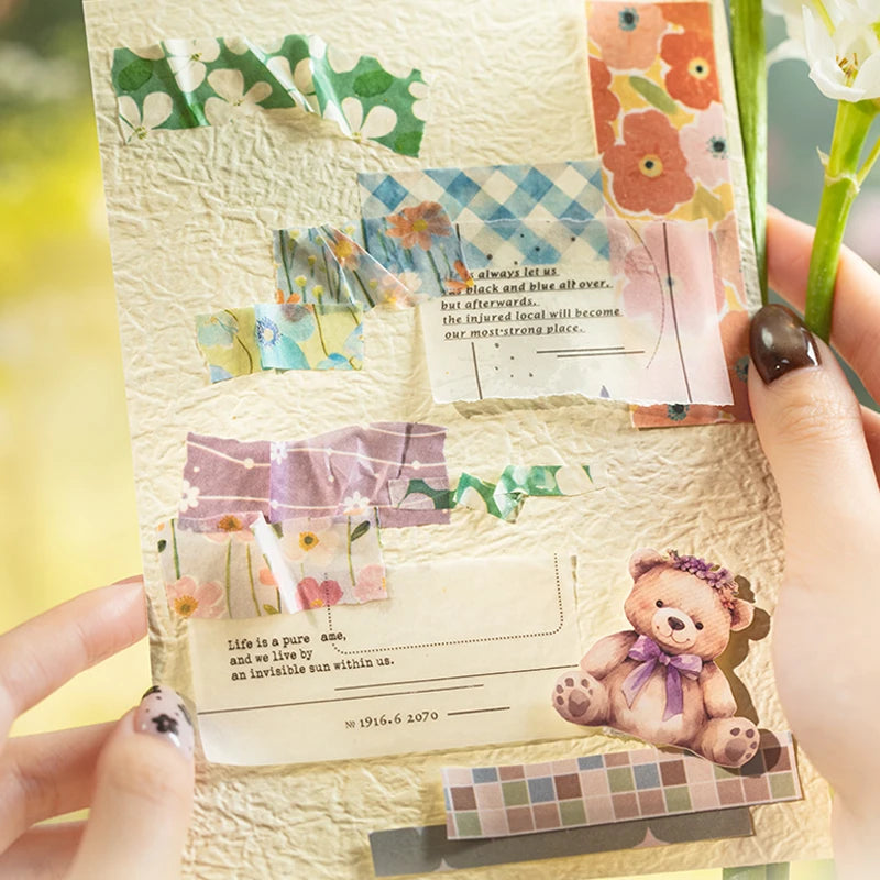 Floral Plaid Bow Long Sticker Book, Countryside Journal Base Paper for Border & Layout Decoration Qme