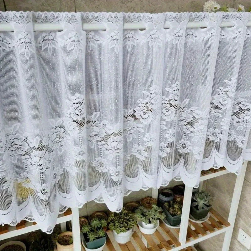 White lace chiffon curtains Floral pole pocket curtains with ruffles, semi-transparent and light-blocking, suitable for kitchens Qme