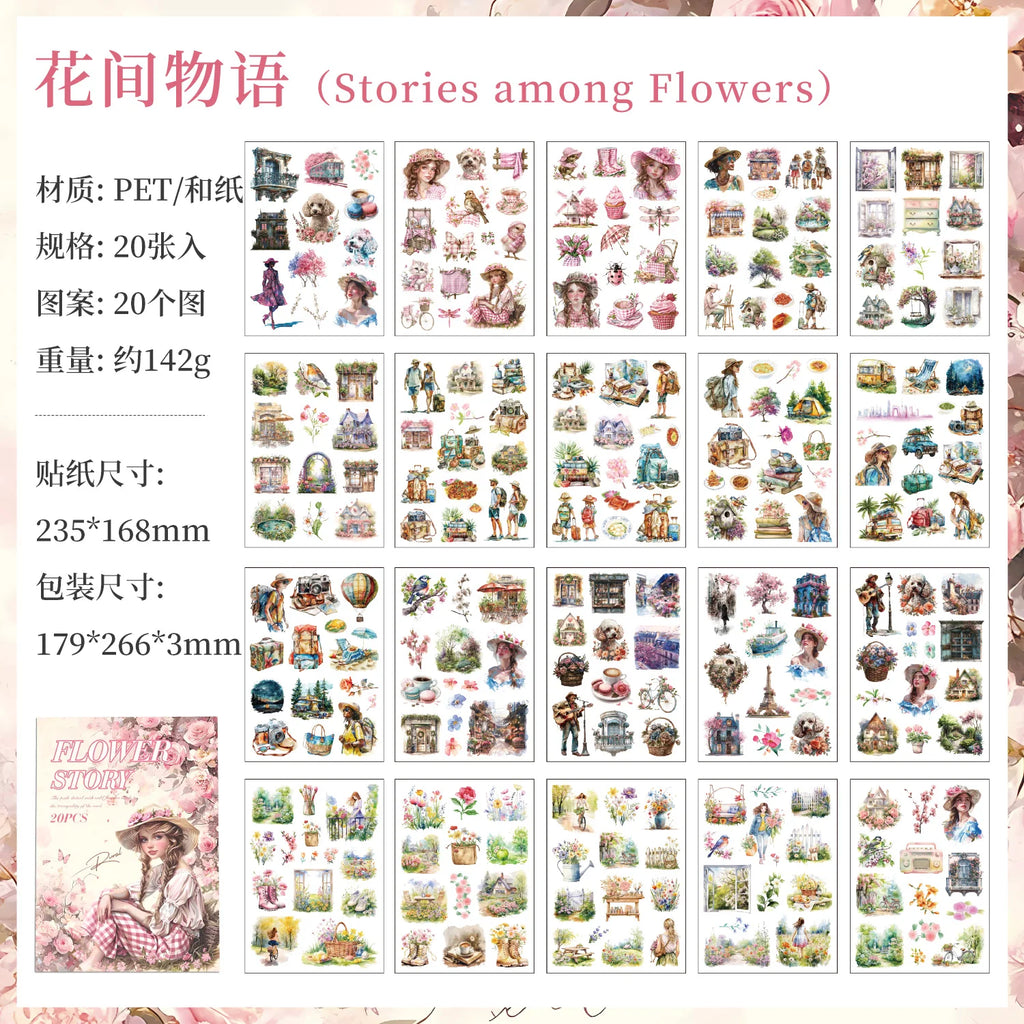 20 Sheets Retro Flower character PET Die cut Stickers book Handmade Decorative Scrapbooking Account Creative Stationery Supplies Qme C