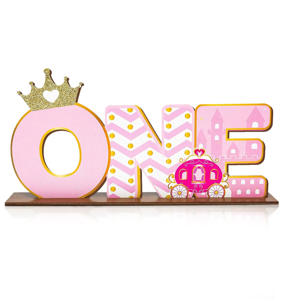 1SET 2D Pink Princess Style "ONE" Letter Wooden Desktop Decoration, Crown Carriage Castle Pattern, Warm Birthday Desktop Gift Qme