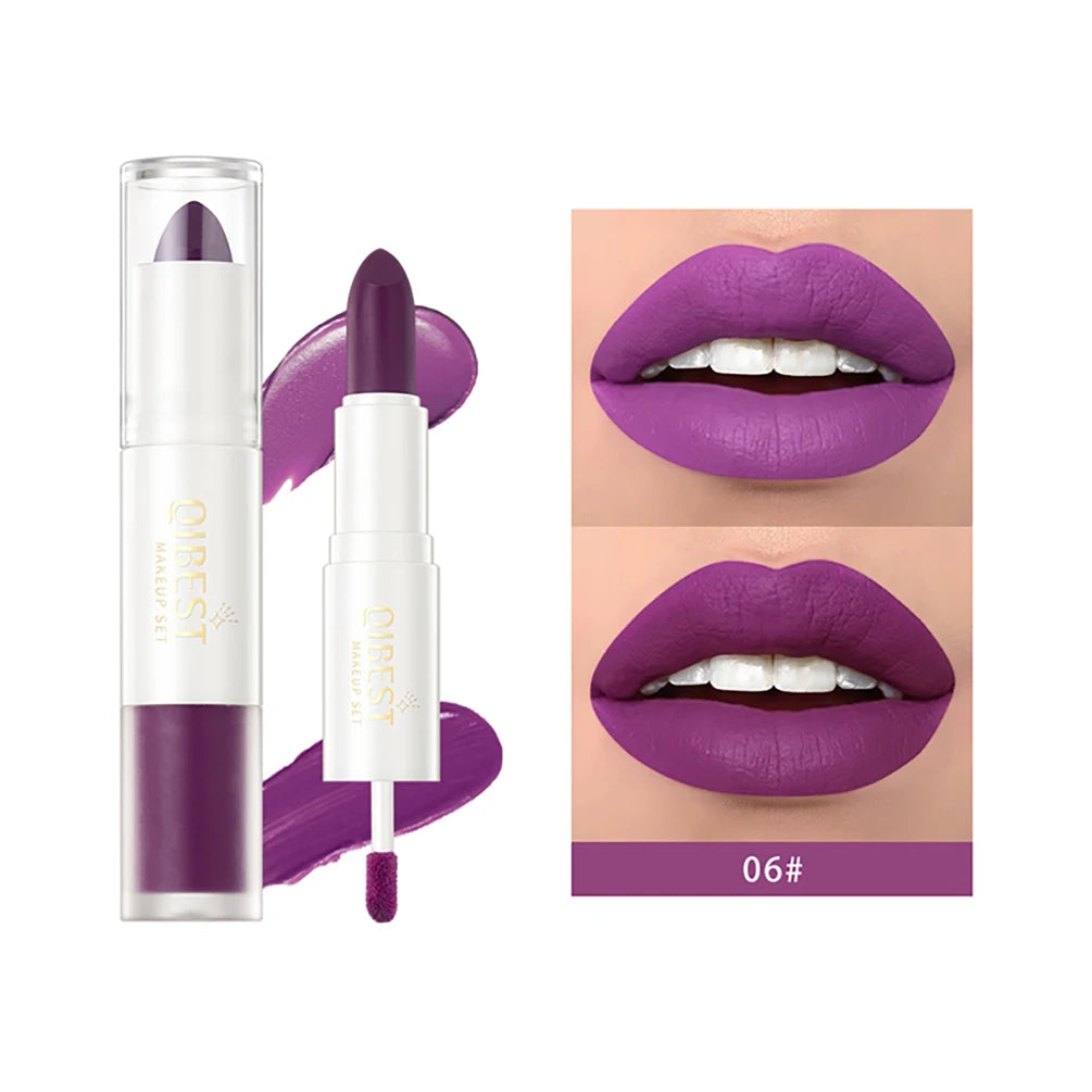 QIBEST 2 in 1 Long-lasting Matte Lipstick Sexy Red Lipstic Velvet Lipgloss Women Waterproof Nude Lip Tint Girl Fashion Makeup Qme 06