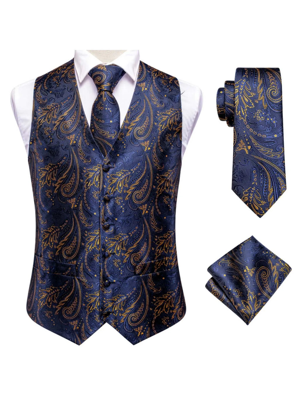 Blue Men Vest Three-Piece Suit Set, Dress Waistcoat with Tie and Pocket Square for Party Ceremony Qme