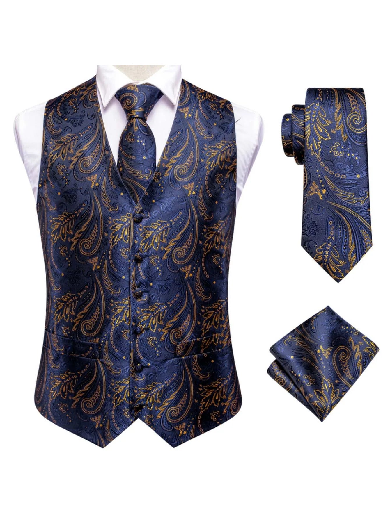 Blue Men Vest Three-Piece Suit Set, Dress Waistcoat with Tie and Pocket Square for Party Ceremony Qme