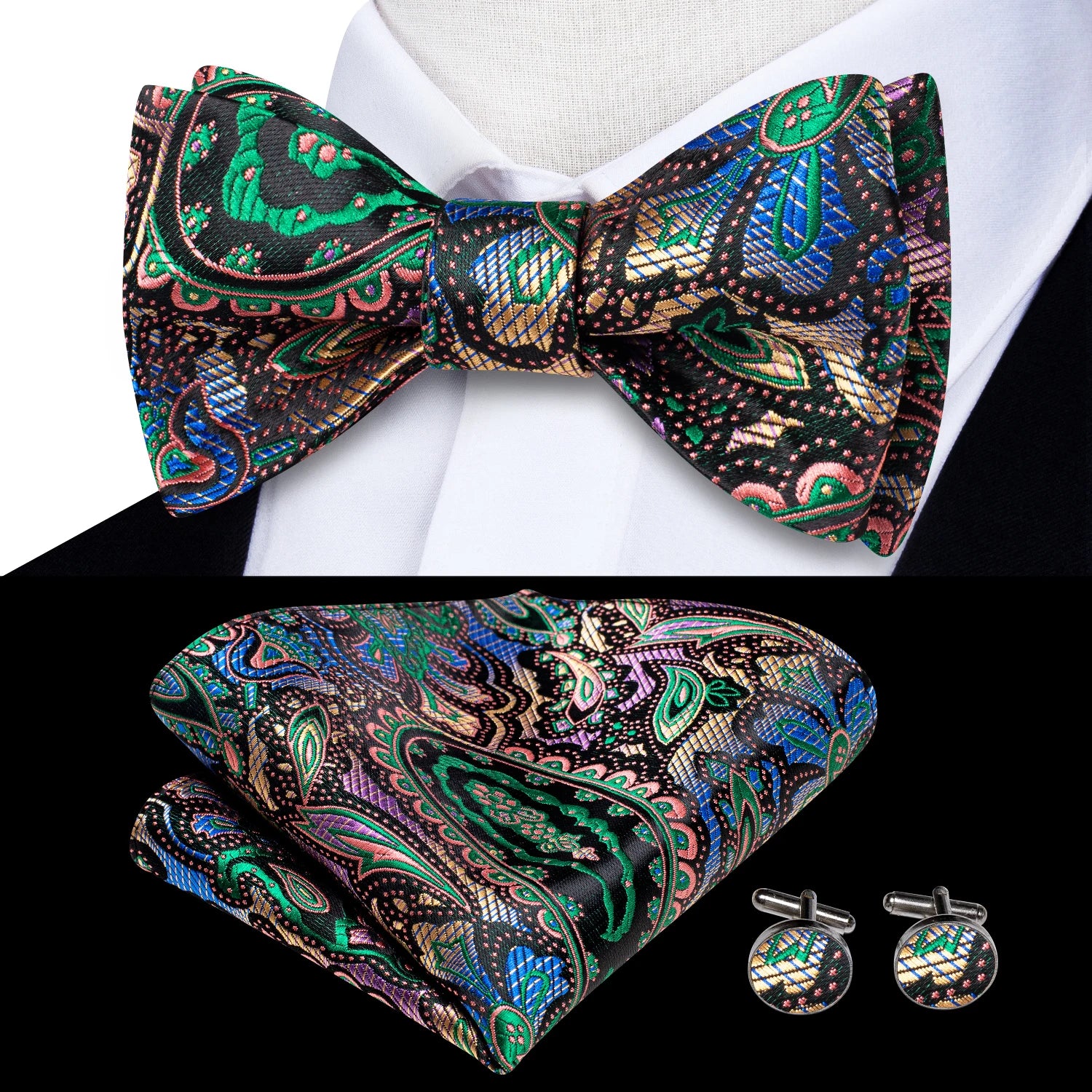 Hi-tie Silk Mens Self Bow Tie Hanky Cufflinks Blue Red Gold Black
