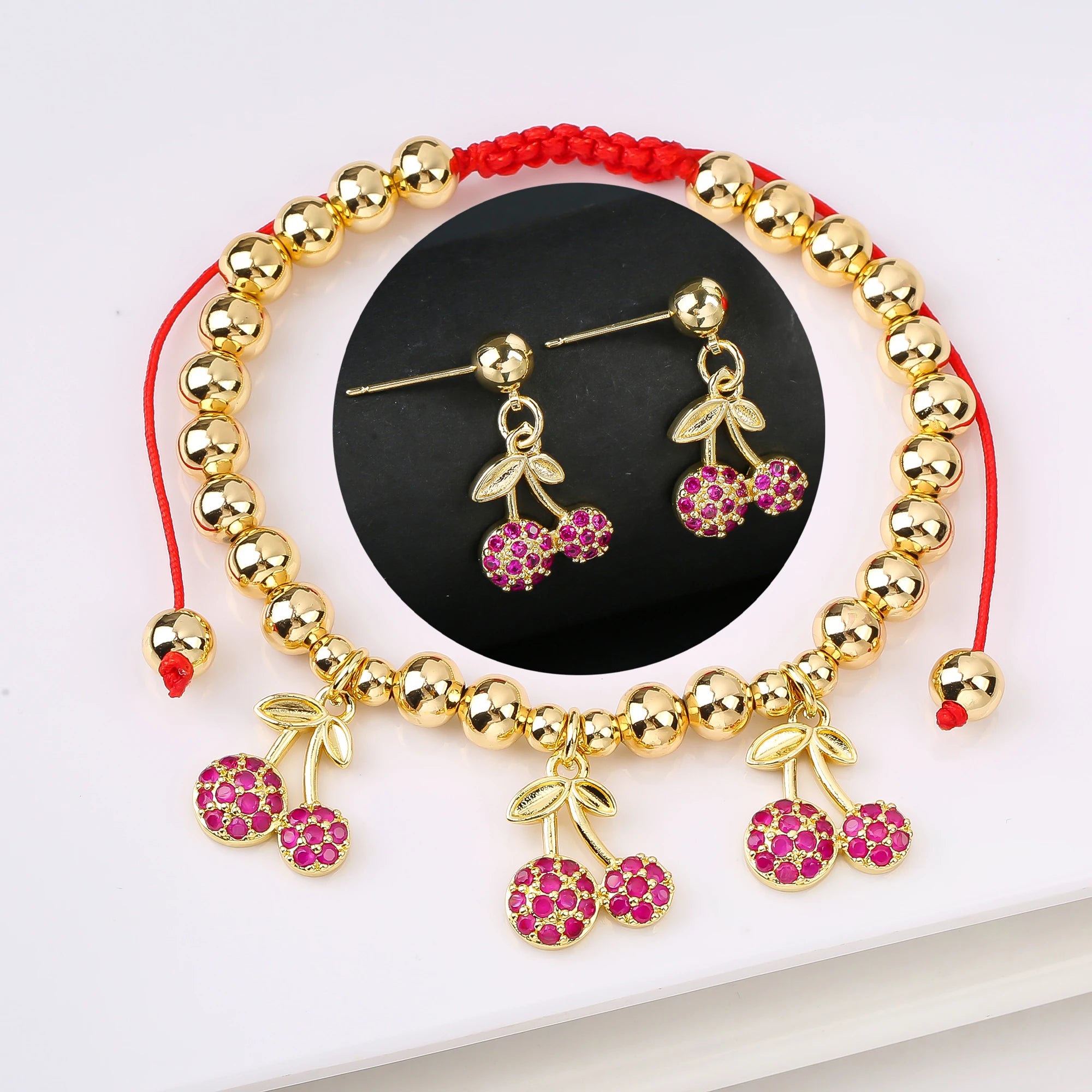 2PCS Trendy Red Cherry Strawberry Bracelet Earring Fruit Set for Women Casual Vacation Zirconia Jewelry Girls Lucky Gift Qme Jewelry Set 6