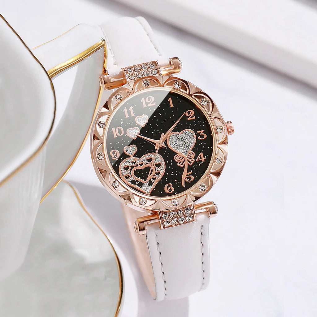 5 Pcs/Set Women's Bright Rhinestone Analog Quartz Watch Plutonium Leather Wrist Watch & Fake Pearl Jewelry Set (Without Box) Qme