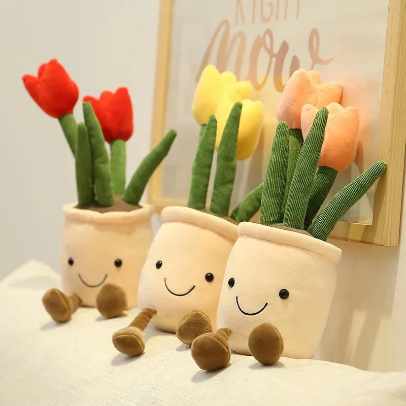 Lifelike Tulip Plant Plush Soft Stuffed Toy Potted Flower Home Living Qme