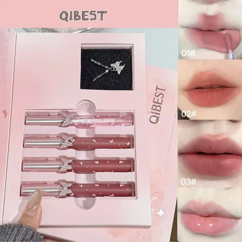 QIBEST 4 Pcs Lip Makeup Sets Include 3*Matte Liquid Lipstick And 1*Lip Balm Oil Moisturizing Lasting Water Proofs Lips Cosmetics Qme Lip Makeup Sets