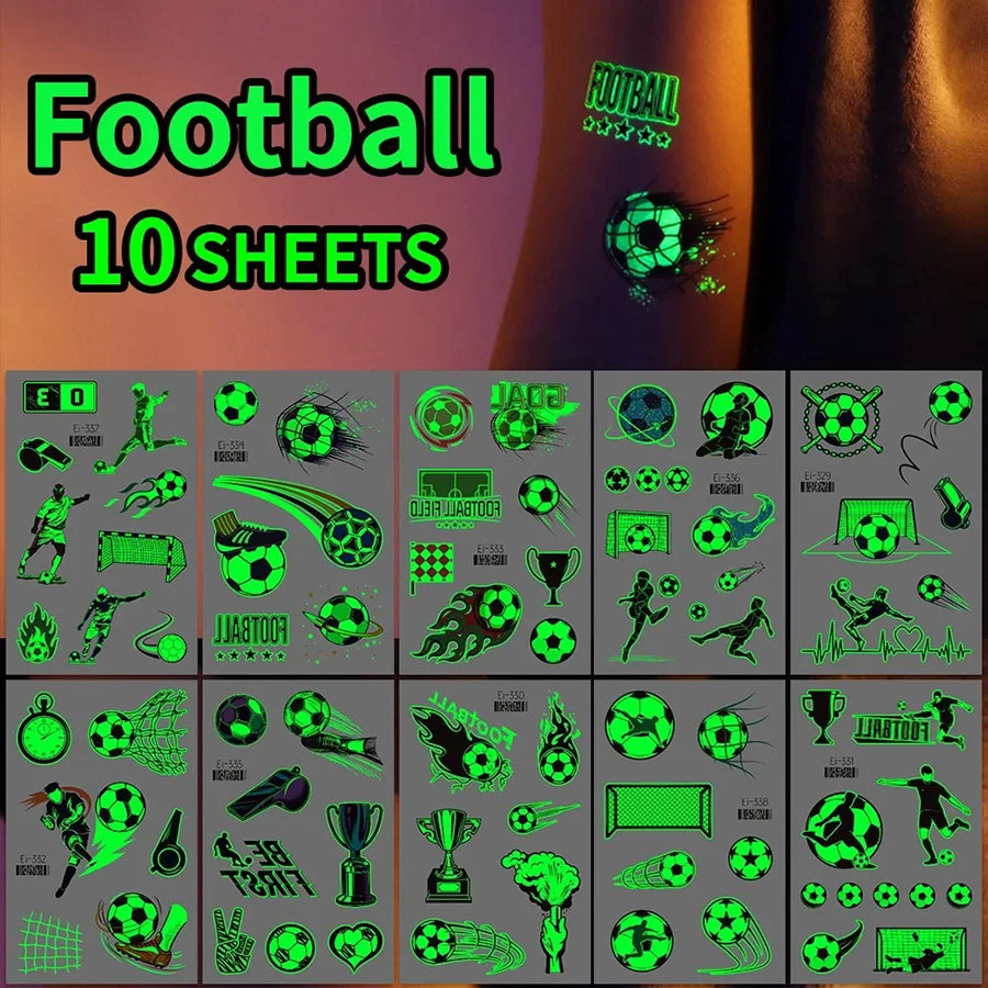 10 Sheets Football Luminous Tattoos Stickers Football Support Glow-in-the-Dark Temporary Tattoos Stickers Football Party Gifts Qme