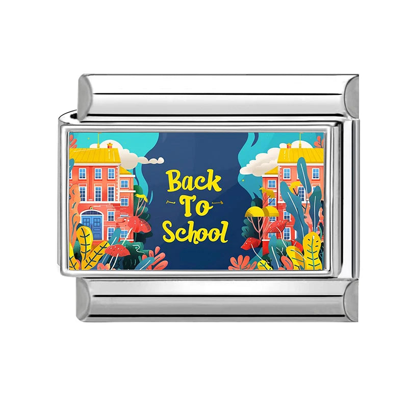 Blue Landscape Sky School Student Schoolbag City Italian Charms Fit 9mm Stainless Steel Women Fashion Bracelet DIY Jewelry Gifts Qme Style 7
