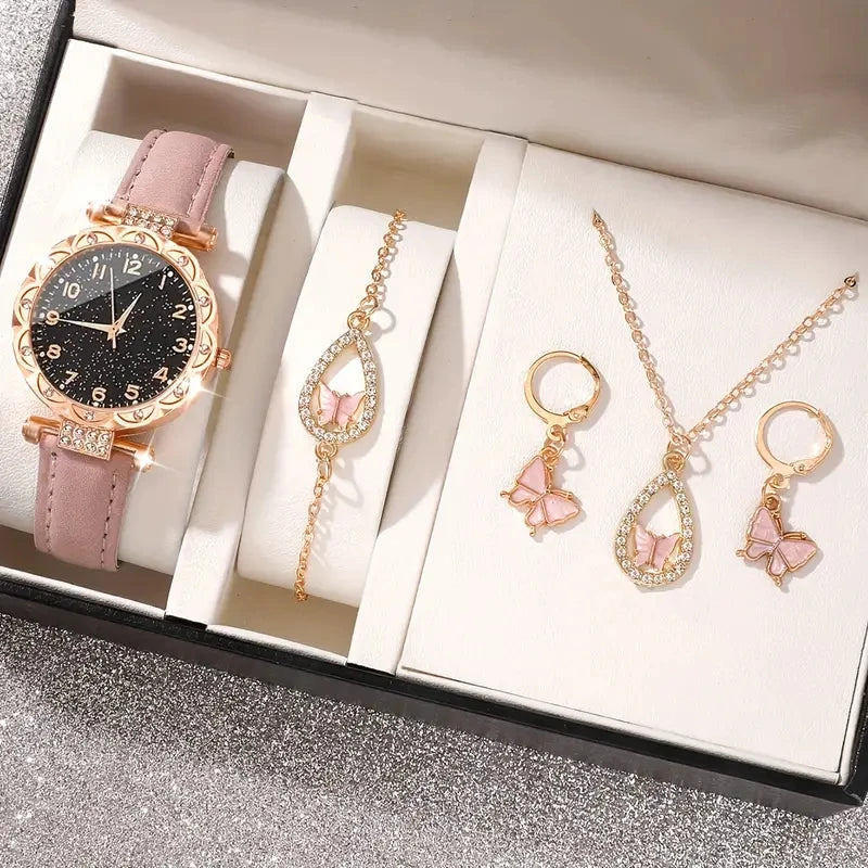 5PCS/Set Luxury Women Watches Rhinestone Fashion Elegant Wristwatch Quartz Watch Ladies Clock For Girl Gift Qme Pink