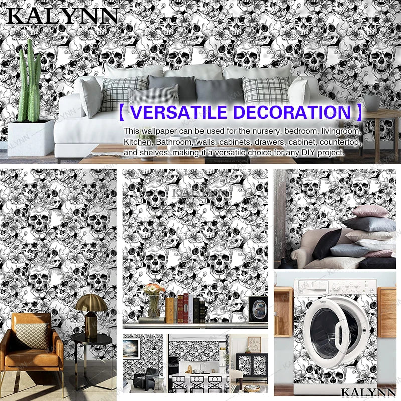 Halloween Peel Stick Wallpaper Sugar Skull Floral Bedroom Black White Qme