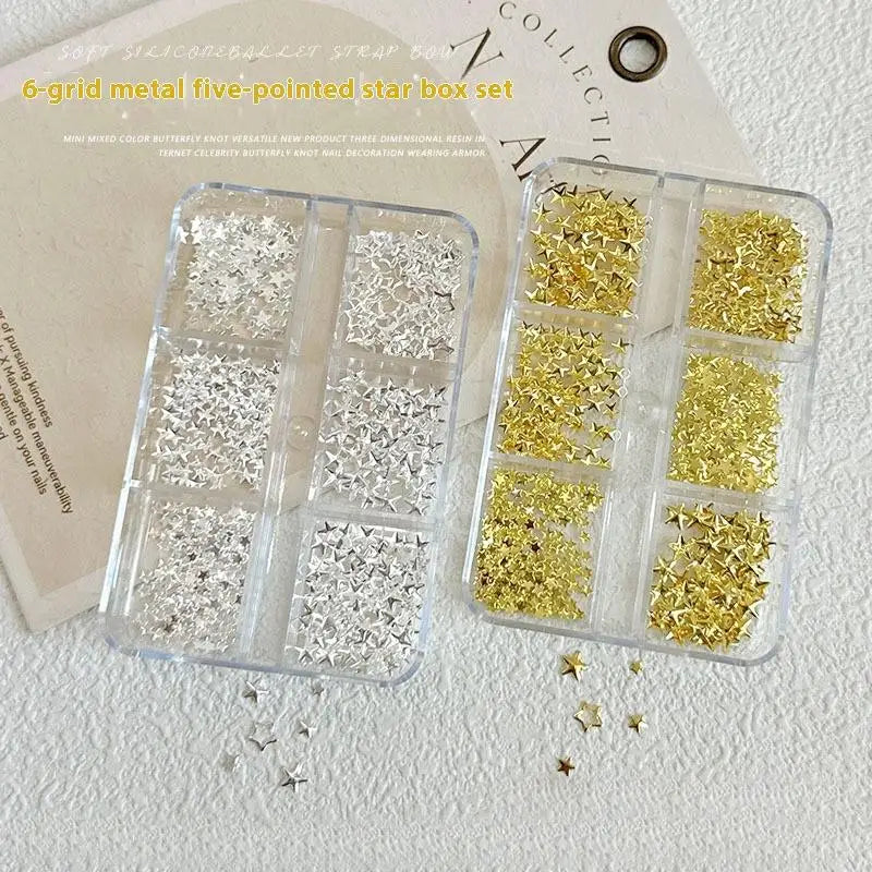 6 Grids Metallic Gold Silver Nail Art Rhinestones Pentagrams Rivet Qme