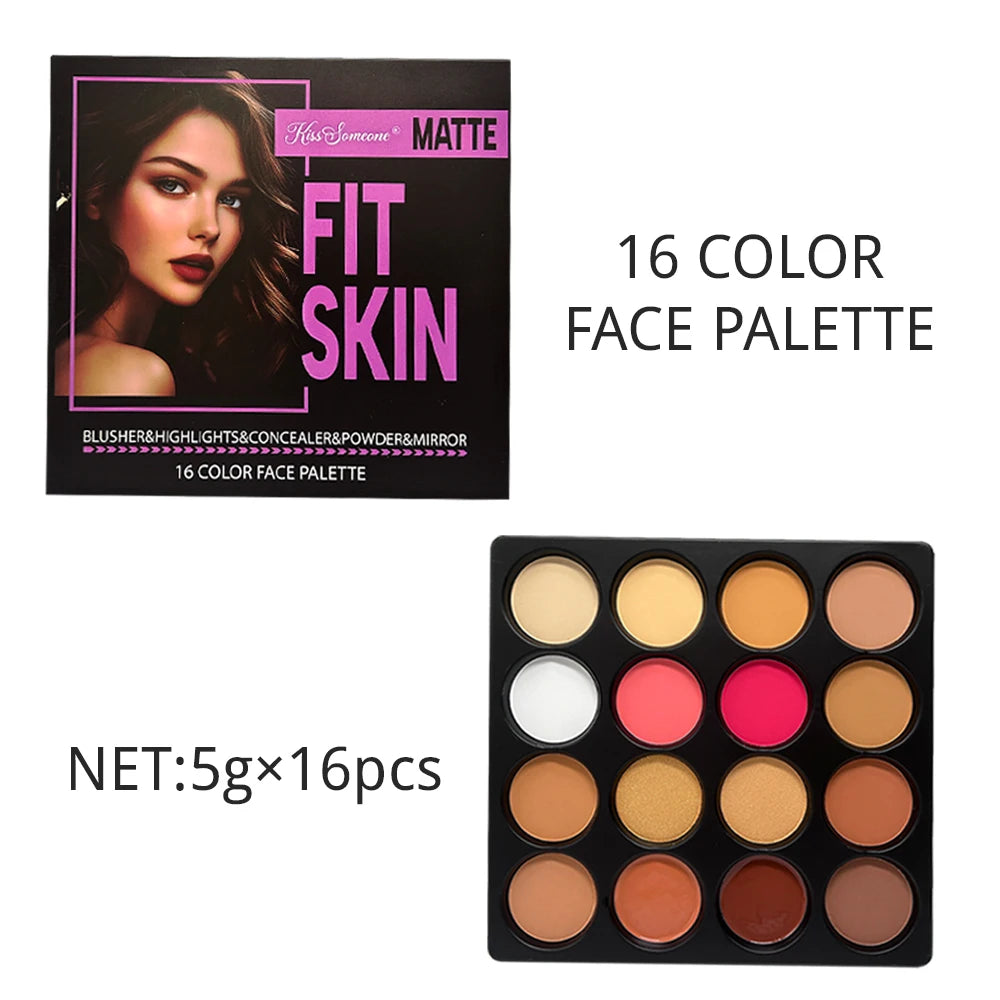 16 Colors Blush Contour Highlighter Makeup Palette , Matte Face Blush Powder for Cheek, Bright Shimmer Bronzer Professional Faci Qme