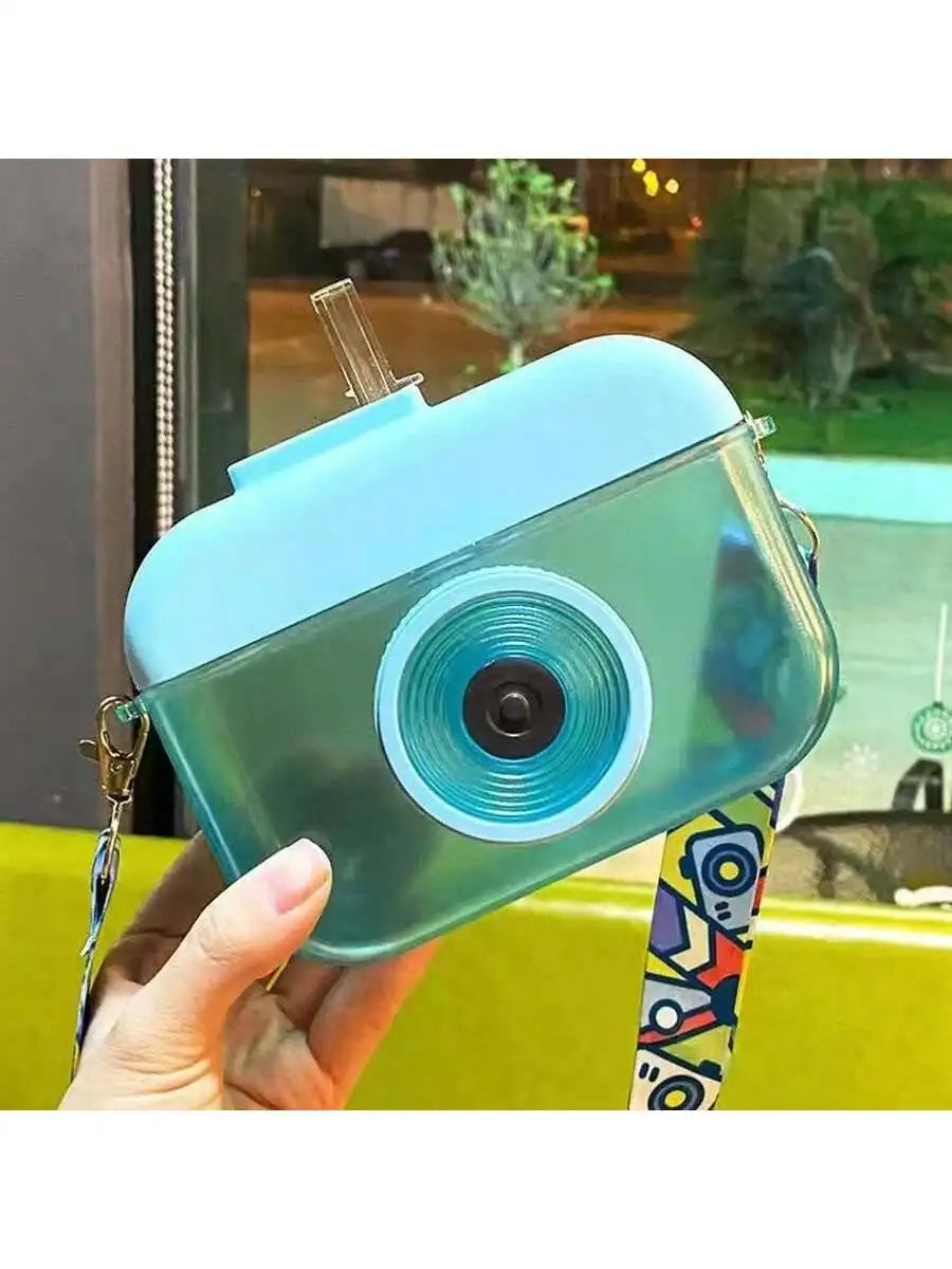 Cute Camera Shaped Water Bottle Portable Cartoon Plastic Outdoor Qme blue 0.55L