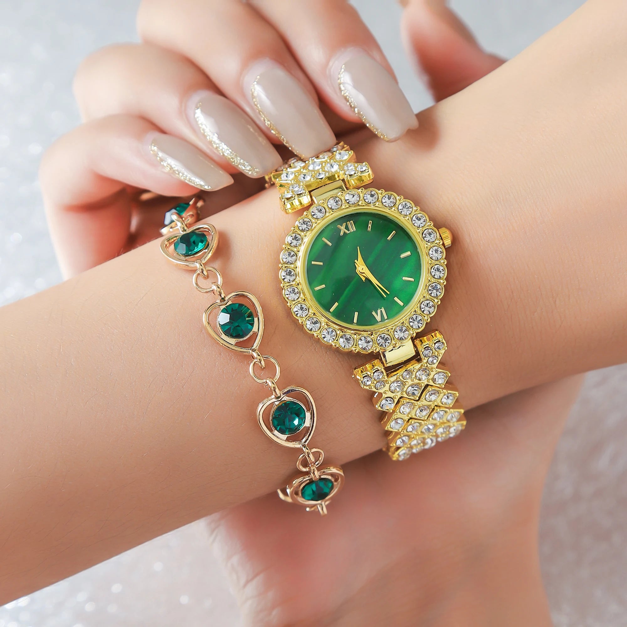 Steel Quartz Watch with Female Simple Fashion Bar Dial + Diamond Love Bracelet Set 6 Units/Set Qme