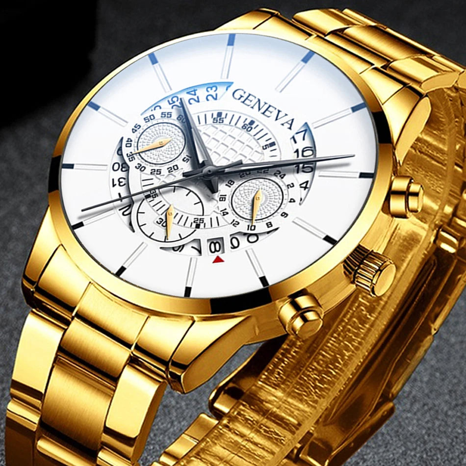 Men's Luxury Stainless Steel Watch, Sport Wristwatch, Exquisite Business Watch, Calendar, Men's Fashion Qme gold white