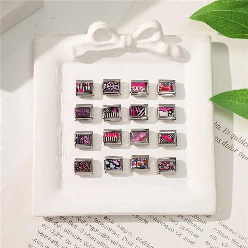 2026 Original Y2K Colorful Loving Heart Grid Flower Italian Charm Links Fit 9mm Stainless Steel Bracelet Women DIY Making Gift Qme