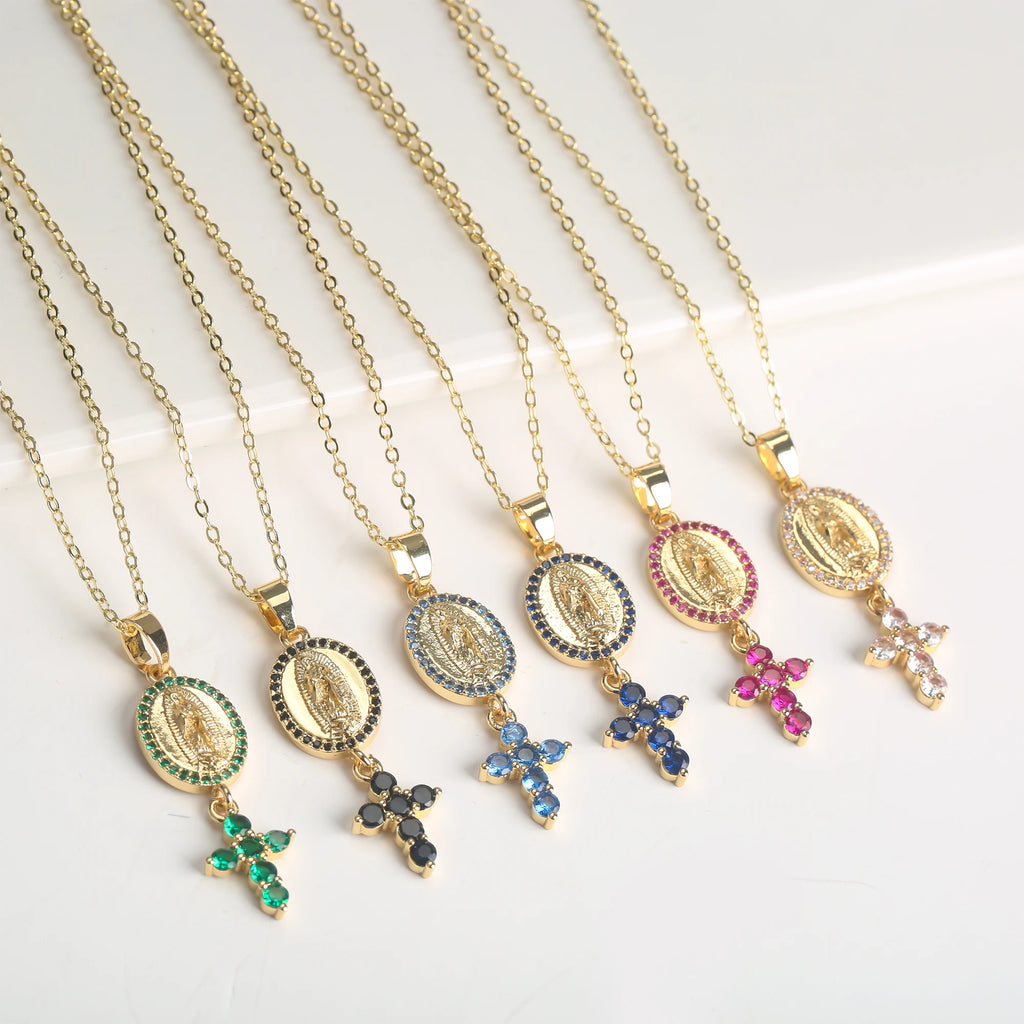 6 Color New Design Cute Female Crystal Zircon Necklace Classic St. Jude Cross Pendant Necklace For Women Men Party Jewelry Gifts Qme