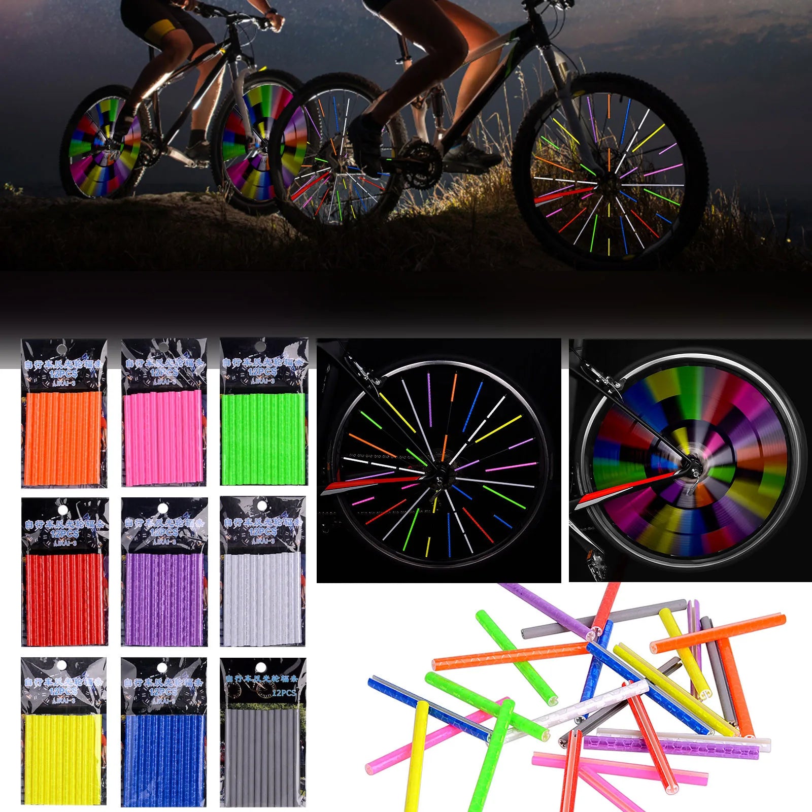 12PCS DIY Cycling Bicycle Wheel Reflective Spoke Colorful Tube Safety Warning Light Bike Accessories Decoration Qme