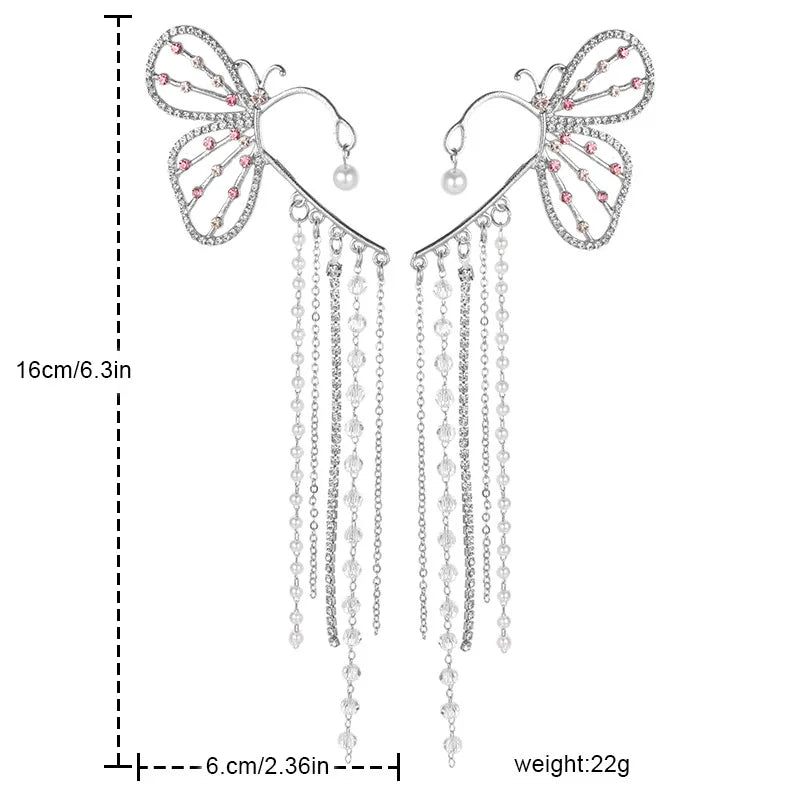 Creativity Exaggerate Silver Color Tassel Butterfly Ear Clips Women Ear Cuff Clip Fairy Earrings Without Piercing Sparkling Qme