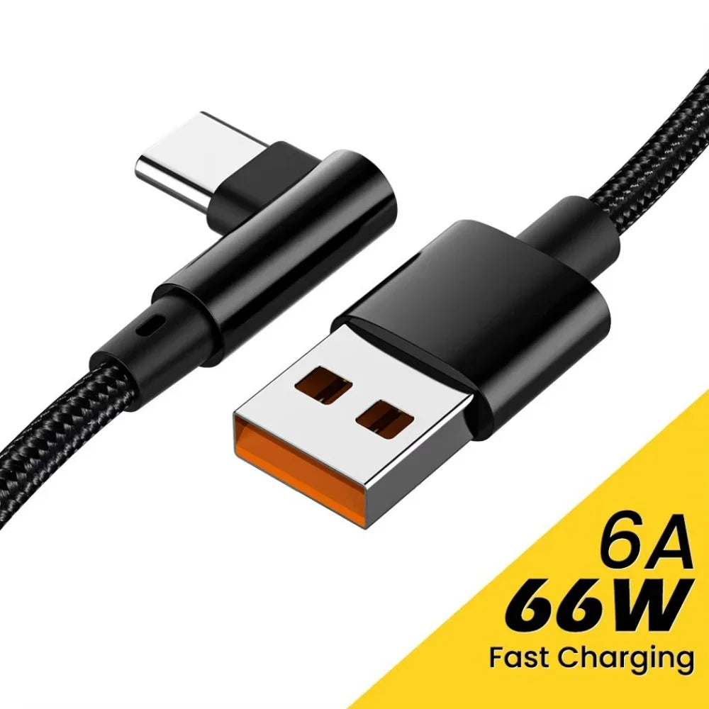 90 Degree Elbow Type C Fast Charging USB Cable For Xiaomi Redmi POCO Huawei Honor OPPO Realme Vivo OnePlus Nylon Braided Cables Qme black 0.25m Type-C to USB-A