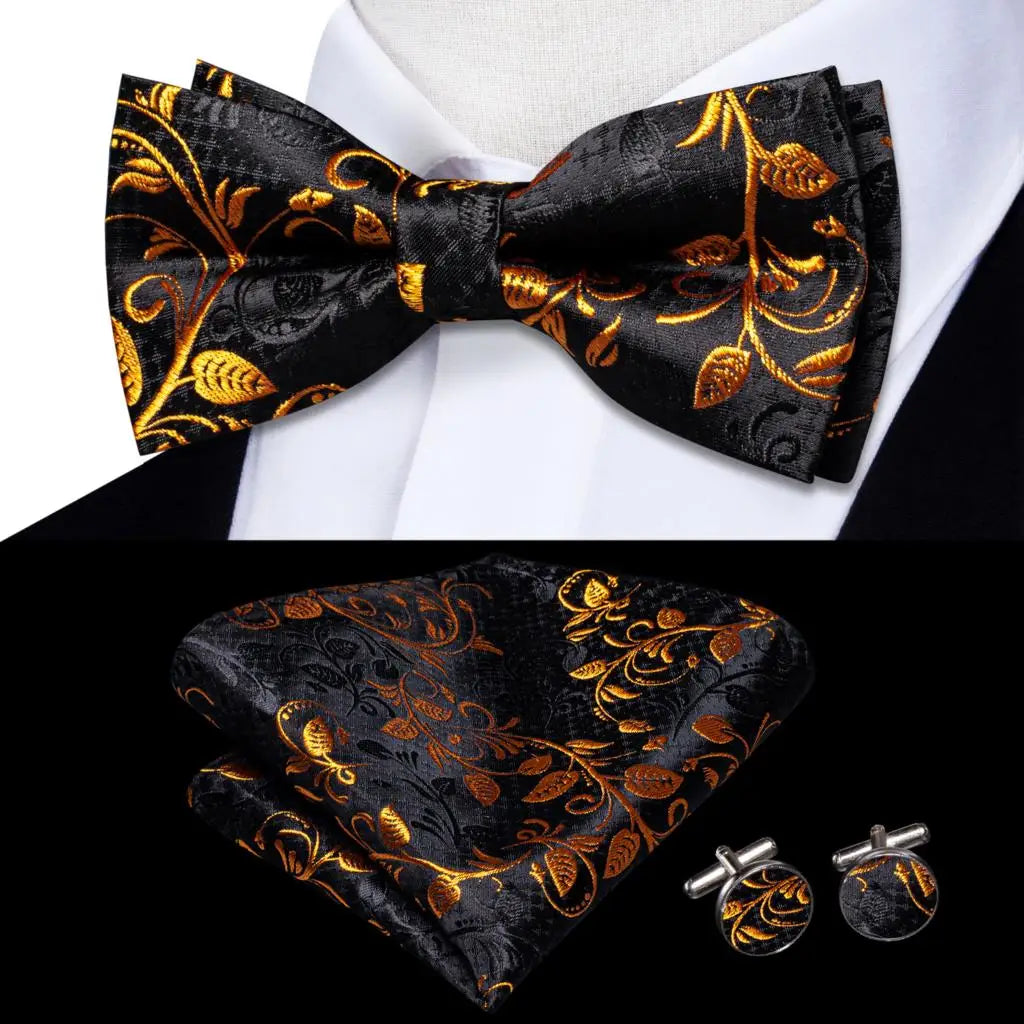 Beige Champagne Gold Mens Bow Tie Hanky Cufflinks Set Jacquard Floral Pre Tied Butterfly Bowtie for Male Wedding silk Business Qme LDLH0573