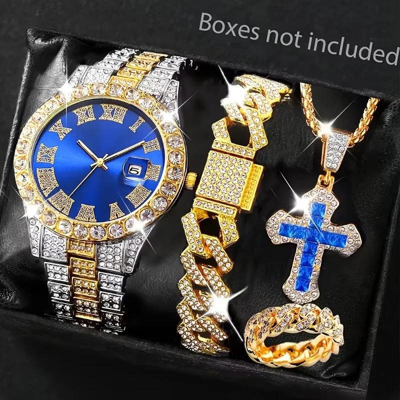 Luxury Two-tone Iced Out Men's Watch Jewelry Set, 4Pcs Blue Dial Watch + Cuban Bracelet + Cross Necklace + Ring, Hip Hop Qme Ivory