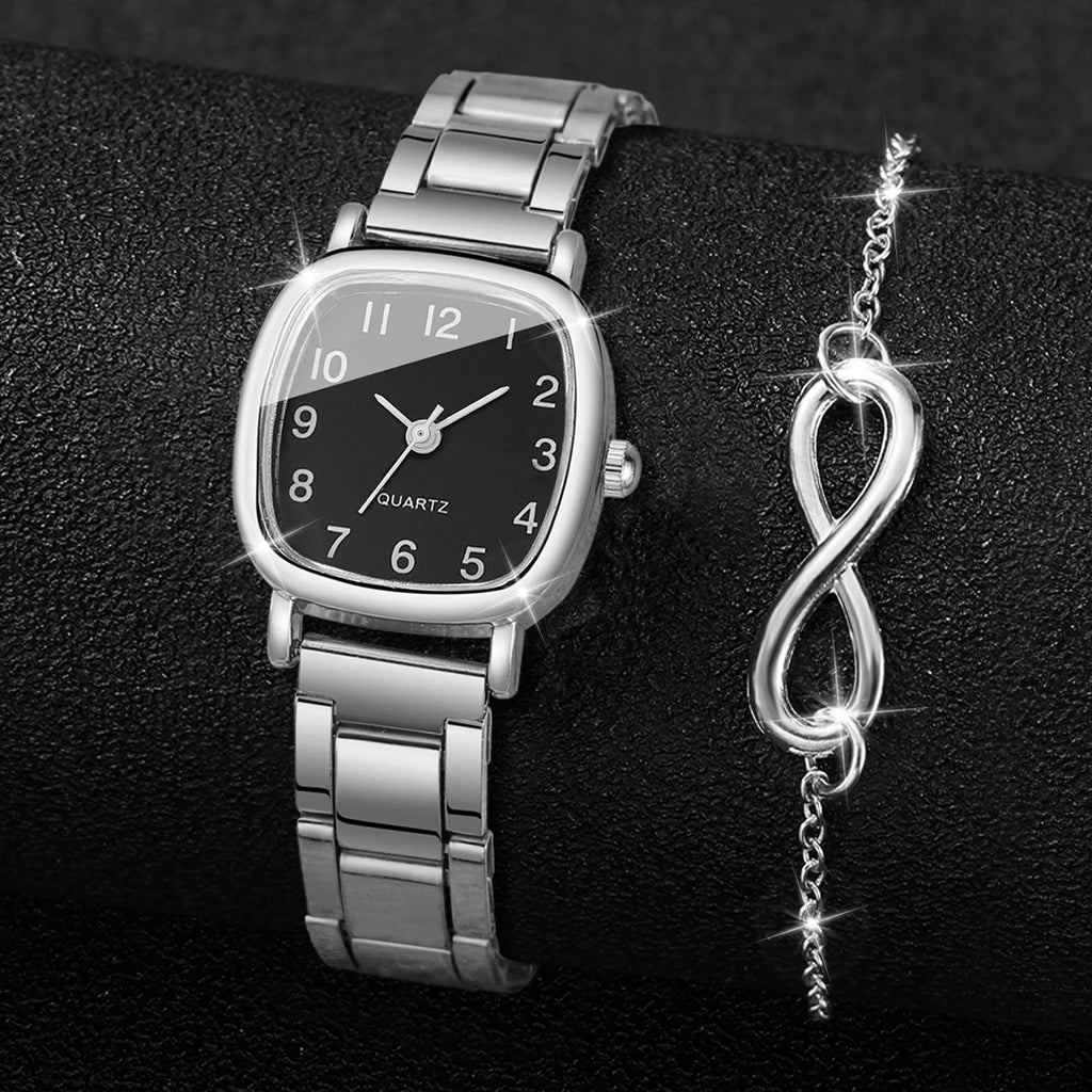 2PCS Fashion Square Arabic Dial Women Quartz Wristwatch Ladies Alloy Strap Watch With Bracelet Reloj Mujer (Without Box) Qme
