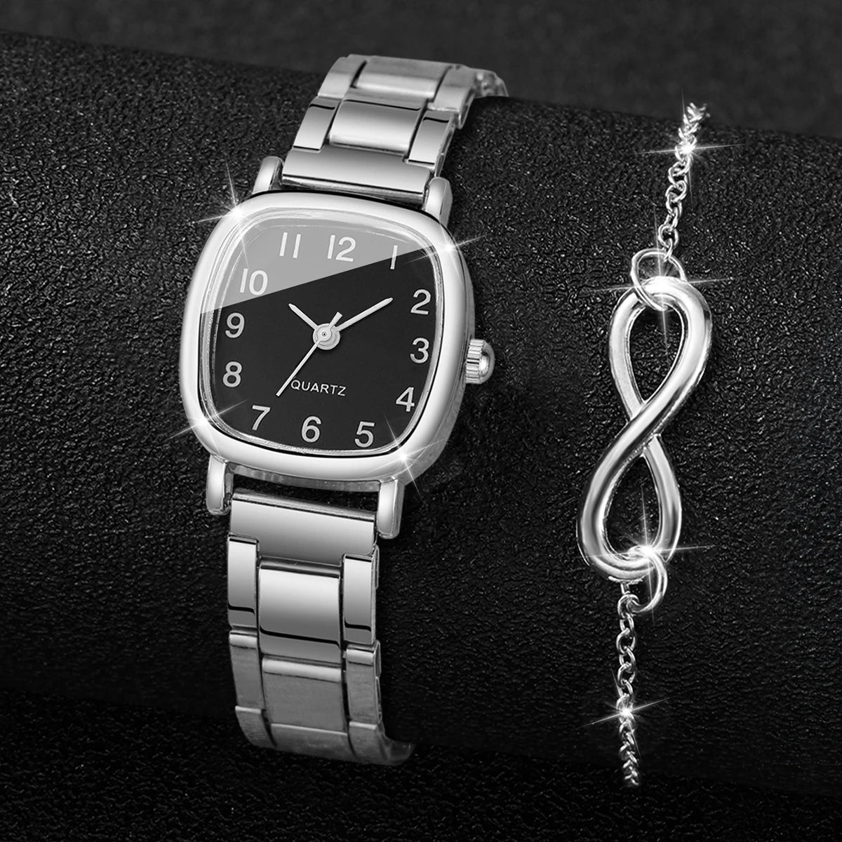 2PCS Fashion Square Arabic Dial Women Quartz Wristwatch Ladies Alloy Strap Watch With Bracelet Reloj Mujer (Without Box) Qme