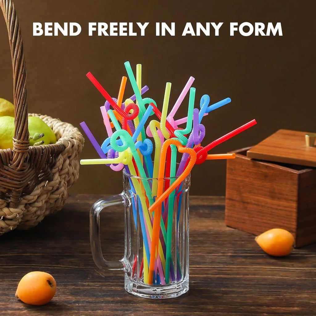 100pcs Colorful Bendable Plastic Straws - Disposable Long Curved Straws - for Milk, Juice, Drinks and Party Decorations Qme