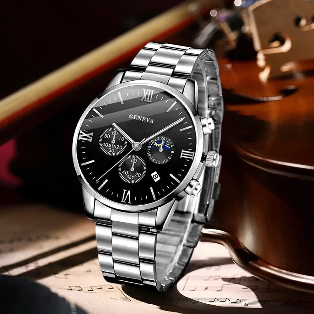 4PCS Men's Watch Set Fashion Trend Business Quartz Watch Cross Pendant Necklace Ring Bracelet Jewelry Set Perfect Gift for Him Qme
