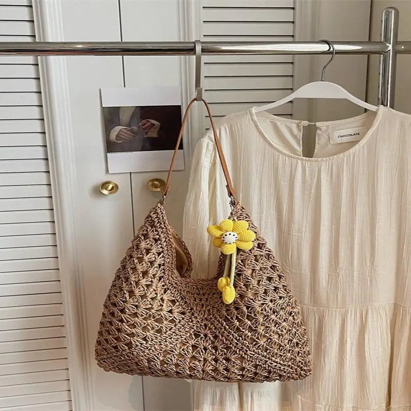 Women's Woven Straw Shoulder Tote: Medium with Handle - Large Capacity Vacation Handbag for Summer Shopping & Travel Qme E